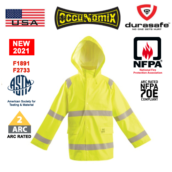 OCCUNOMIX LUXTJR/FR2YXL Flame Resistant Rain Jacket, Class 3, Yellow